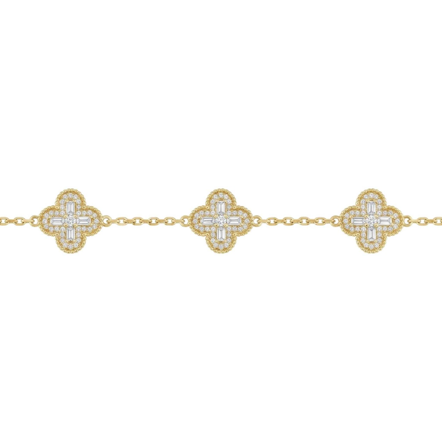 Gold bracelet with diamond-studded clover designs on a white background