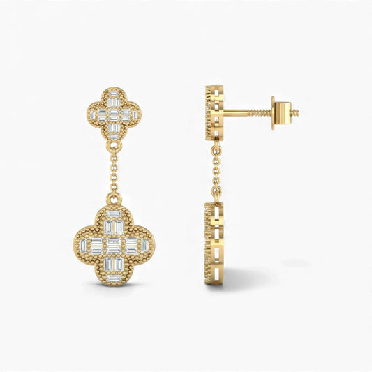 Baguette Clover Drop Diamond  Earrings 18KT Gold
