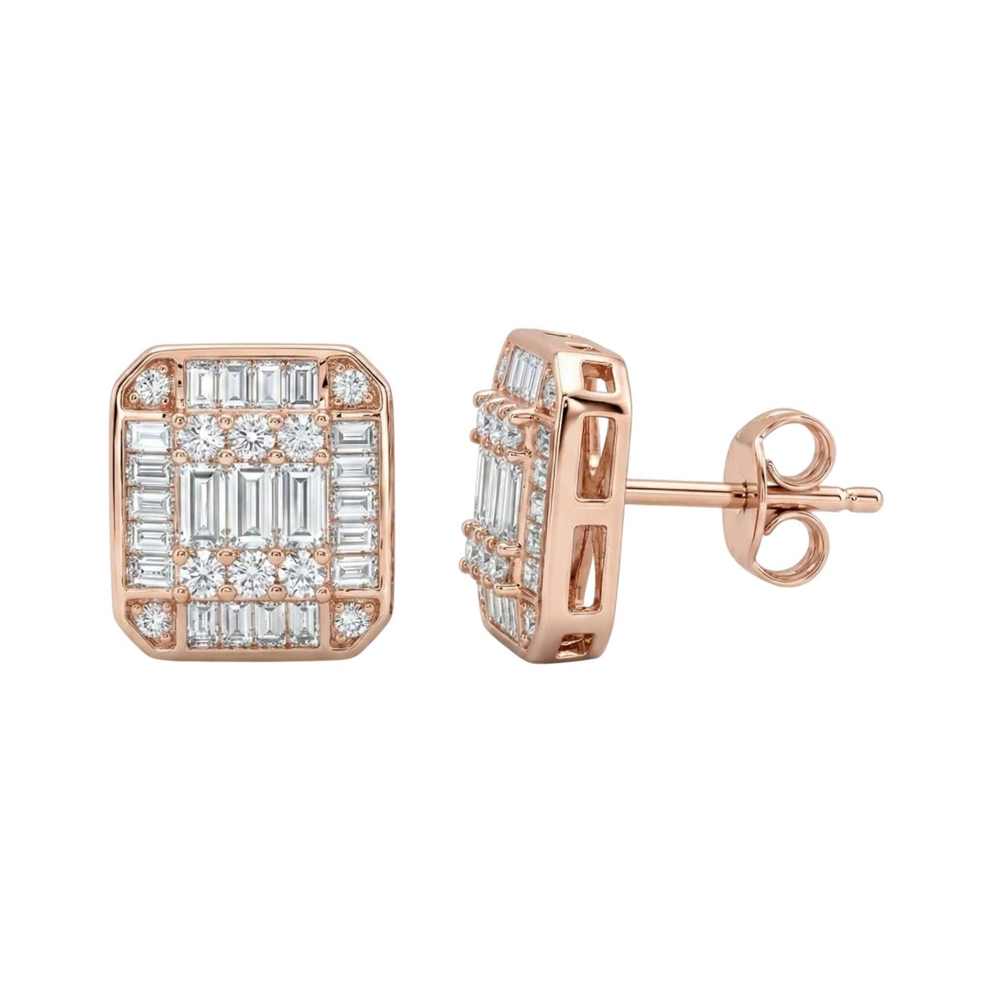 Rose gold earrings with diamond accents on a white background