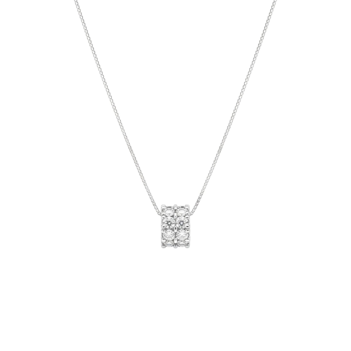 Silver necklace with a square pendant on a white background