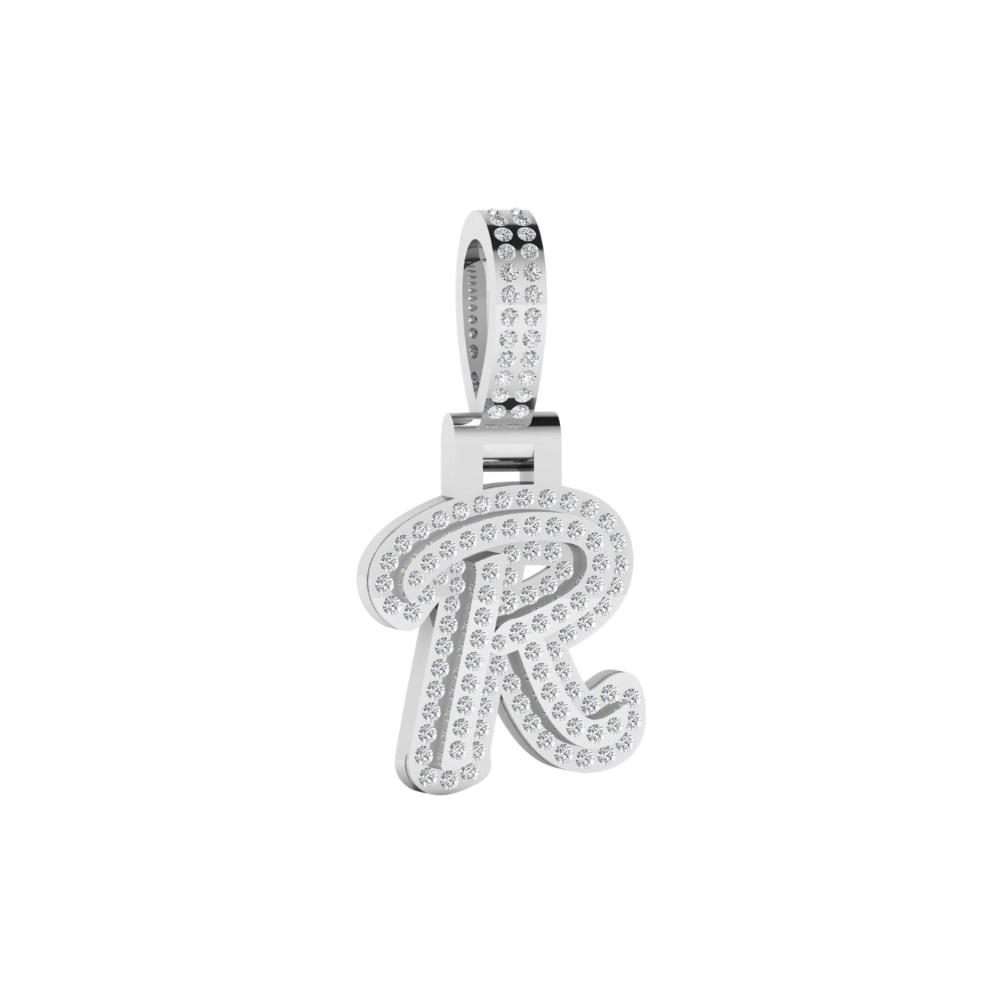 Silver pendant with letter 'R' on a white background