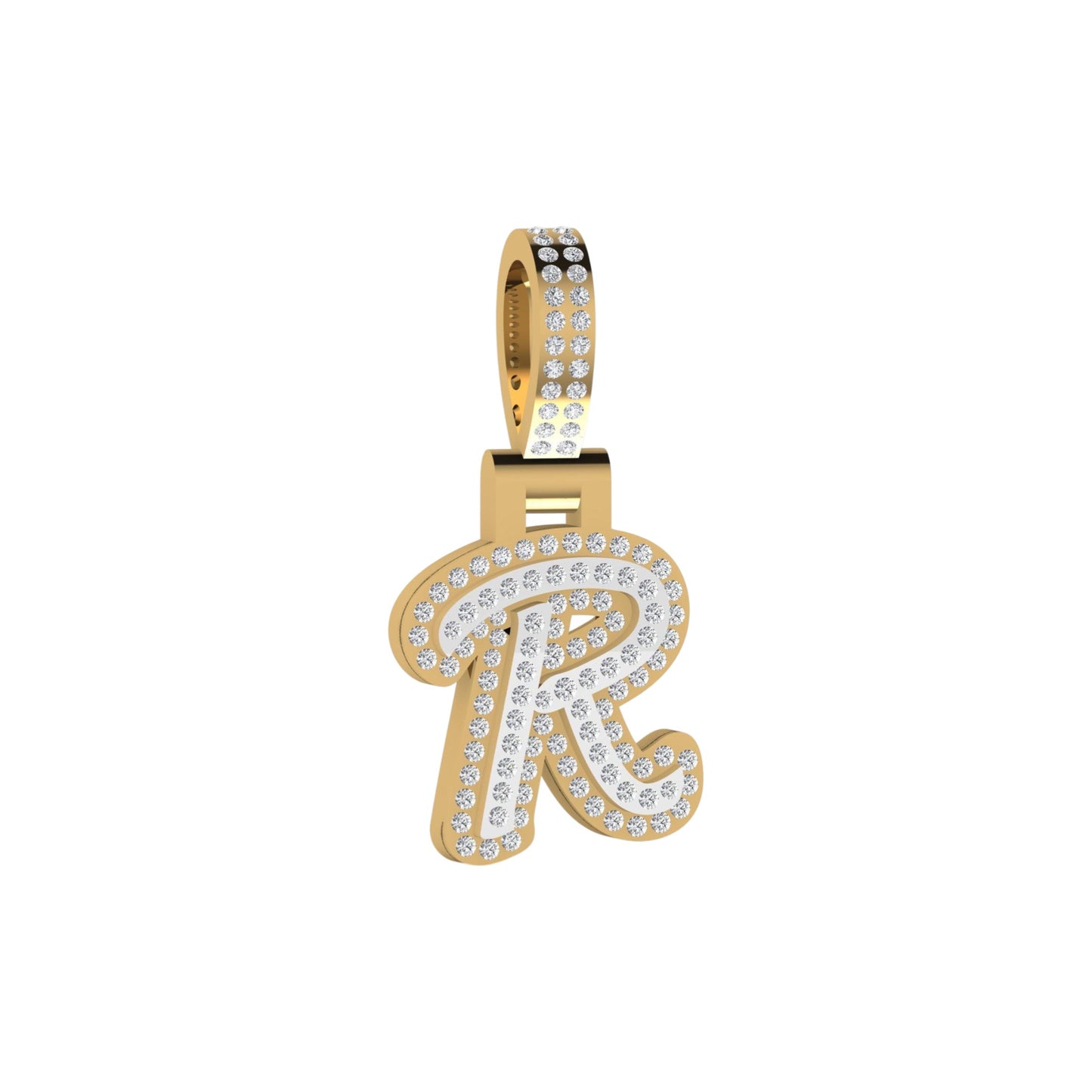 Gold pendant with letter 'R' design on a white background