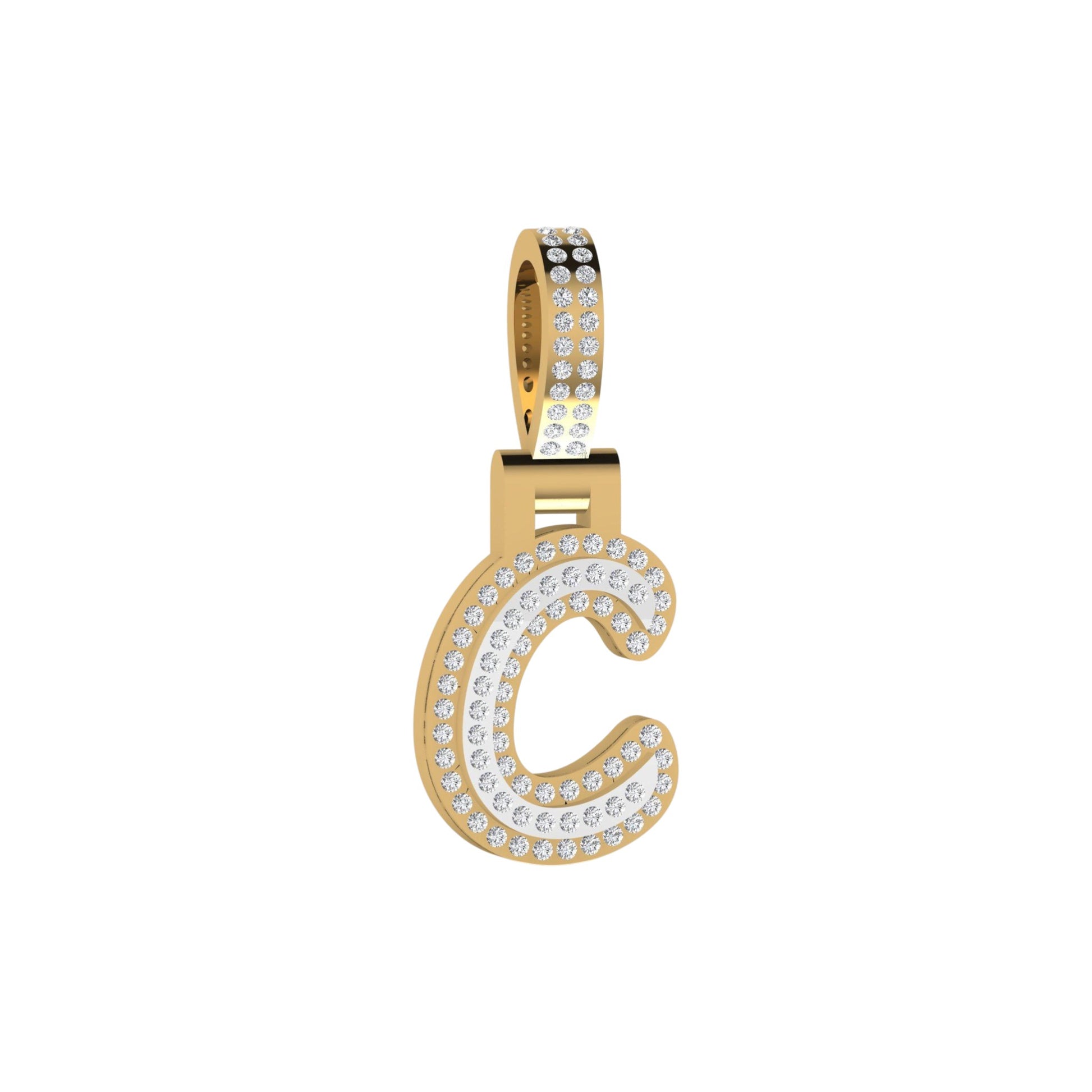 Gold pendant with letter 'C' design on a white background