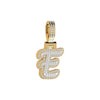Gold and diamond-studded letter 'E' pendant on a white background