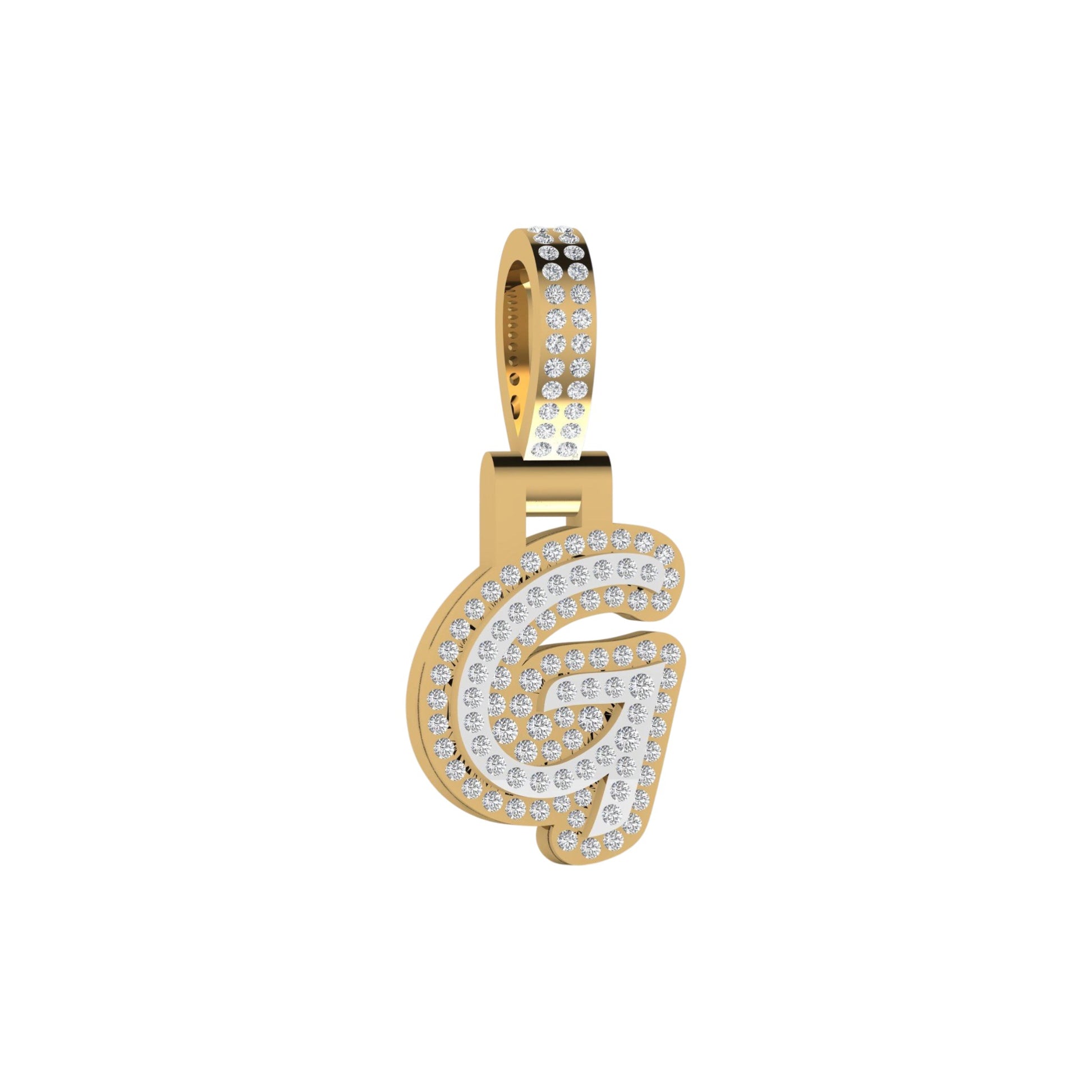 Gold and diamond-encrusted letter 'G' pendant on a white background