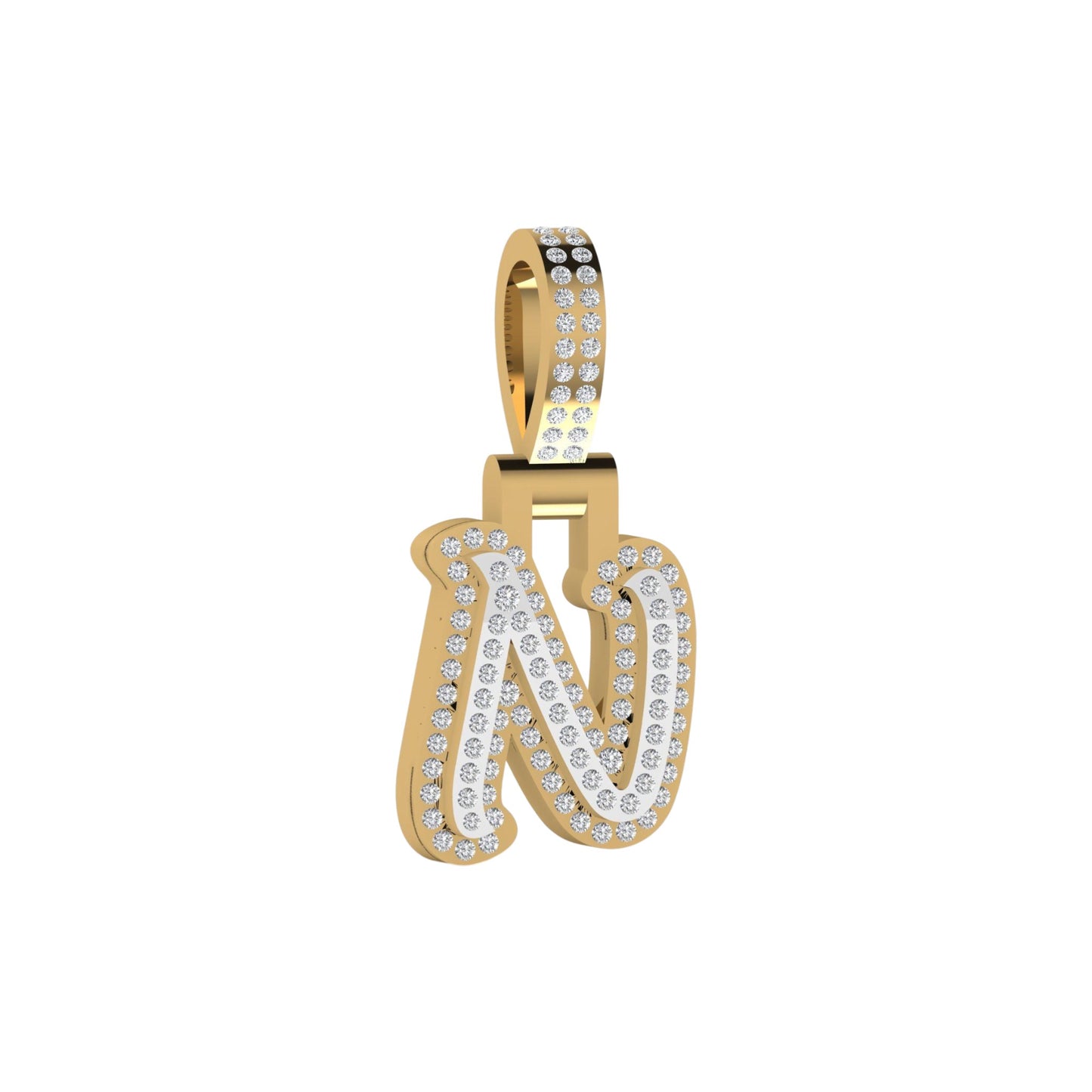 Gold and diamond-studded letter 'N' pendant on a white background