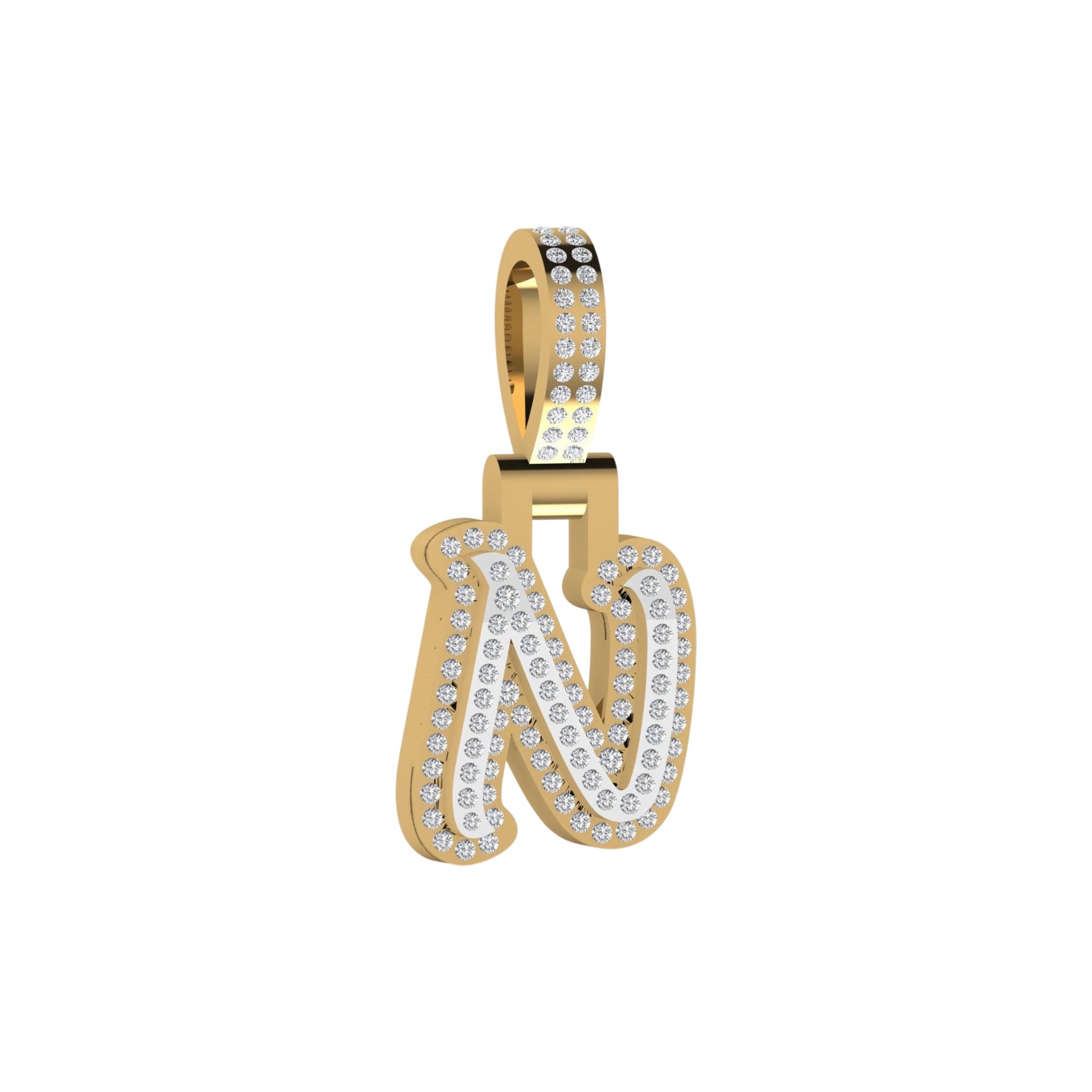 Gold and diamond-studded letter 'N' pendant on a white background
