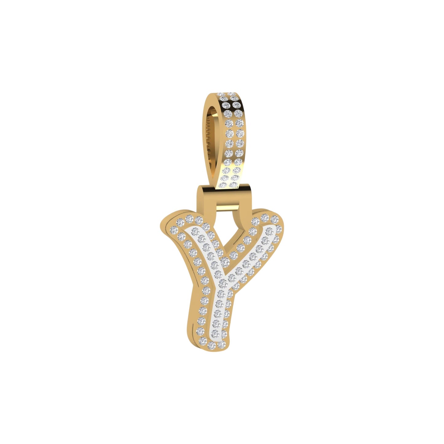 Gold and diamond-studded letter 'Y' pendant on a white background