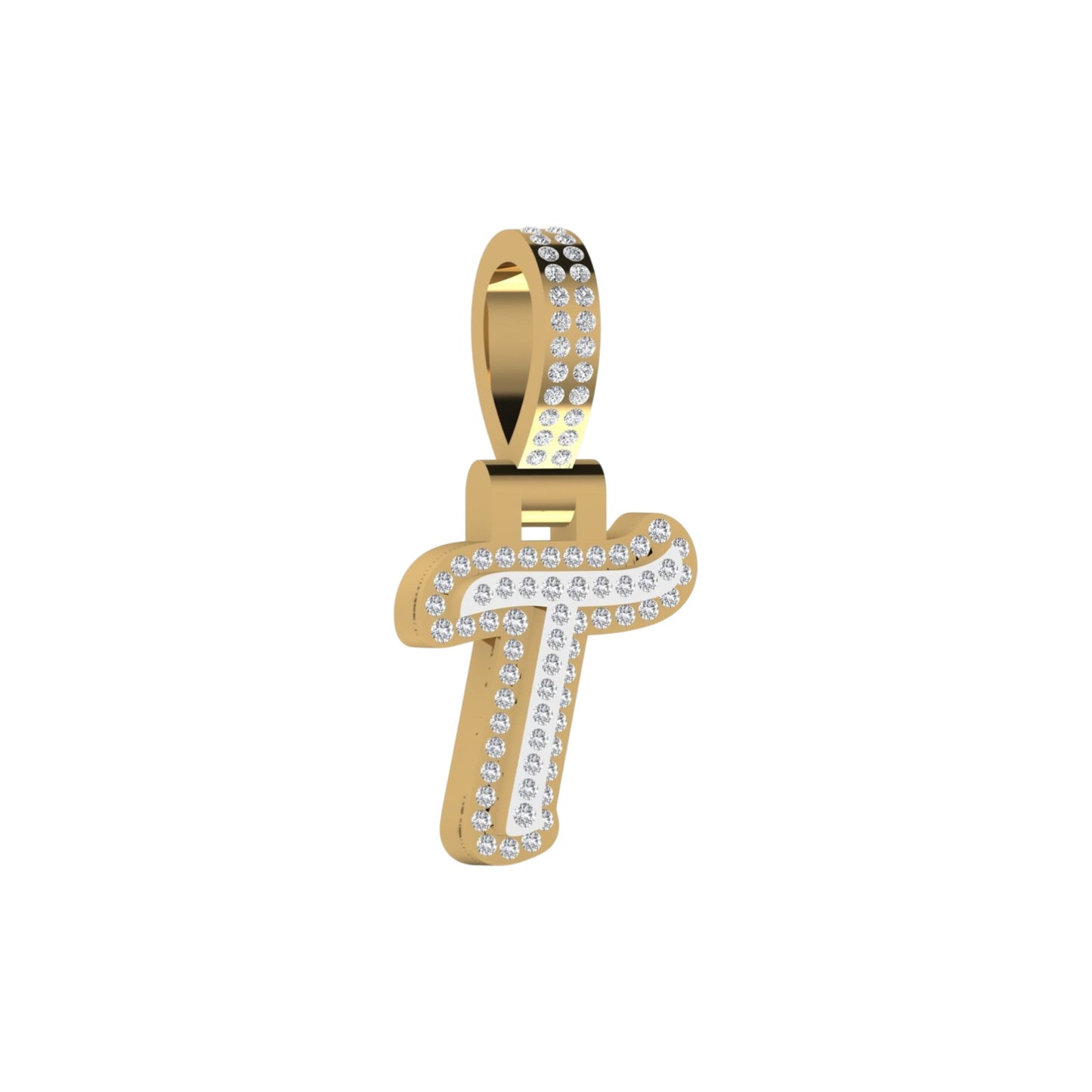 Gold cross pendant with clear stones on a white background