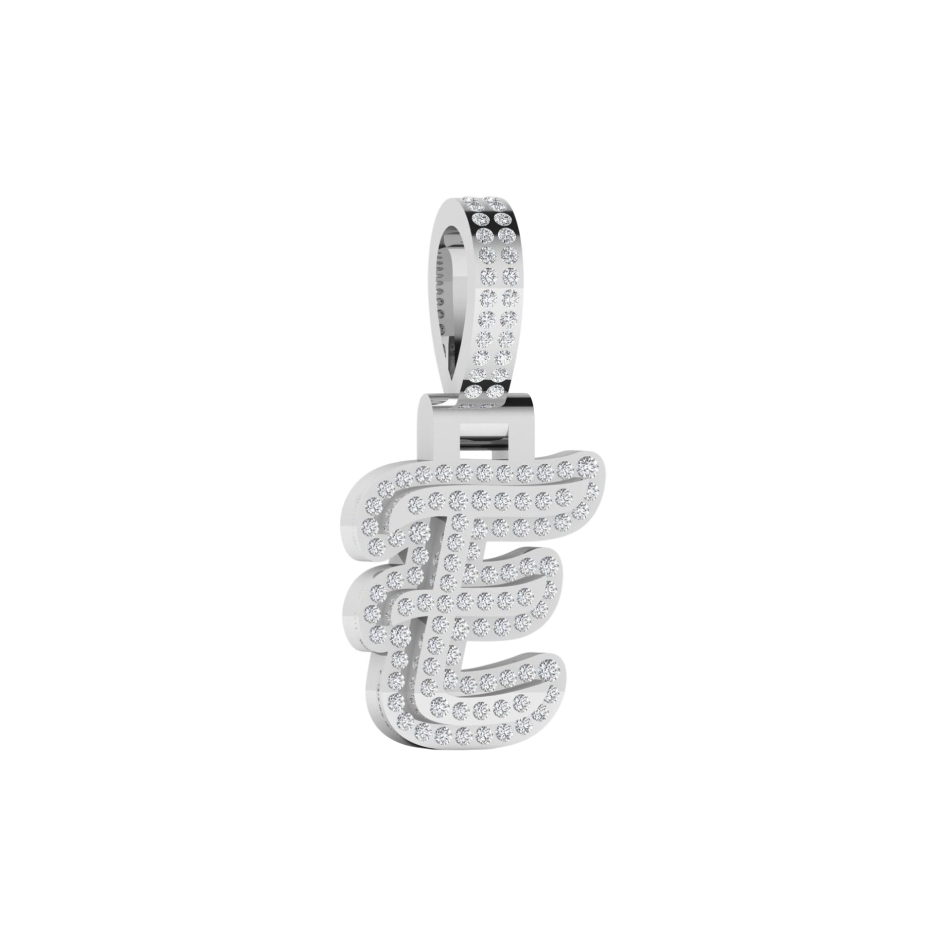 Silver pendant with letter 'E' design on a white background