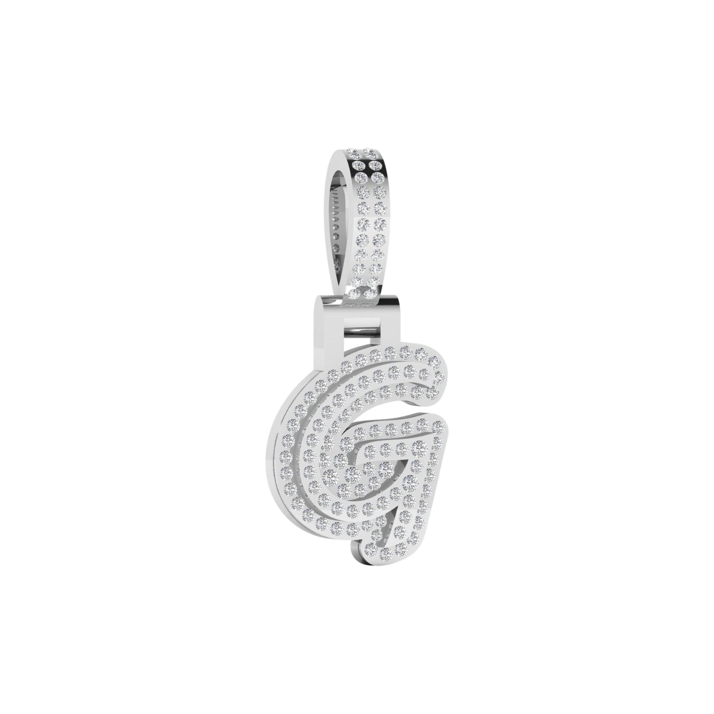 Silver pendant with 'G' design on a white background