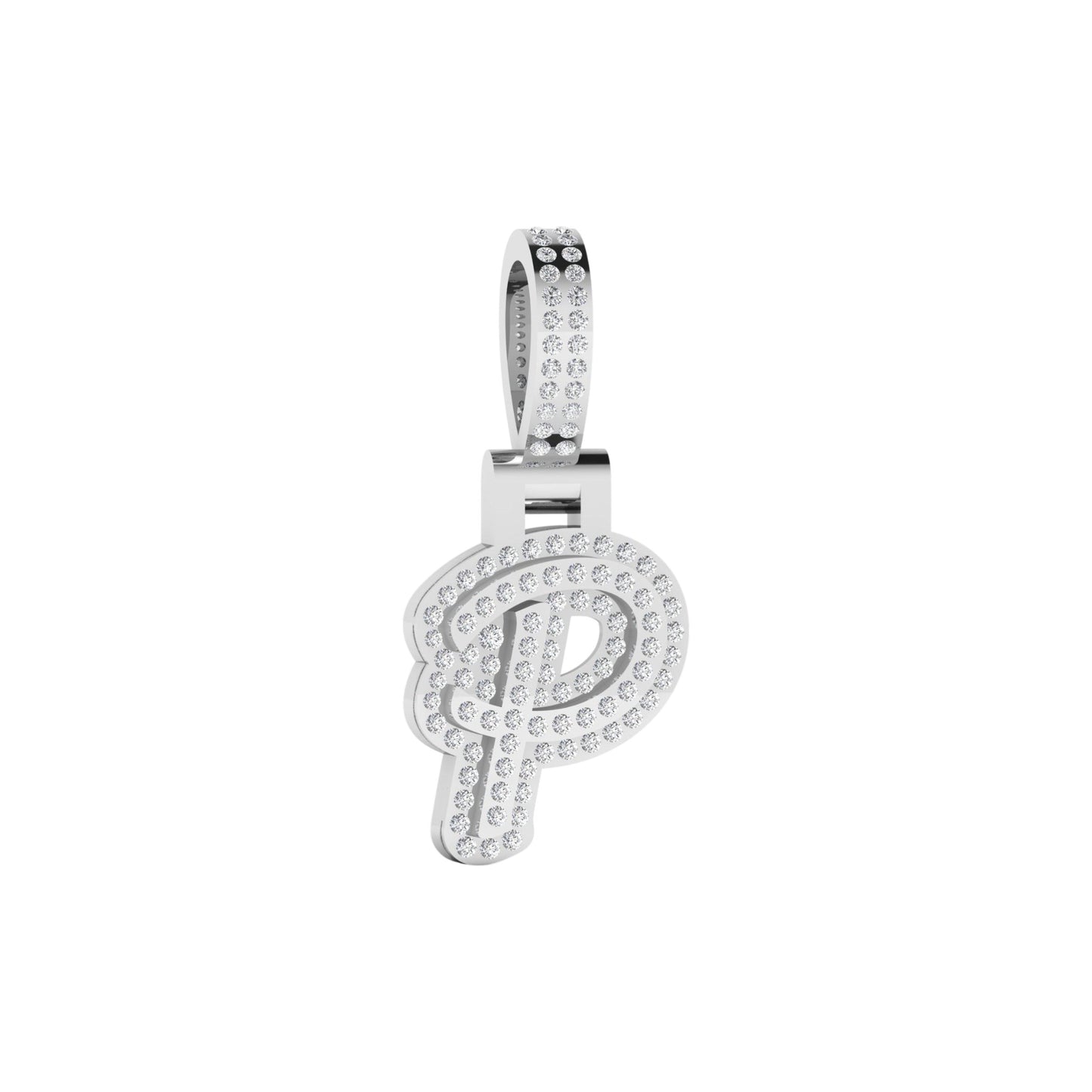 Silver pendant with letter 'P' design on a white background
