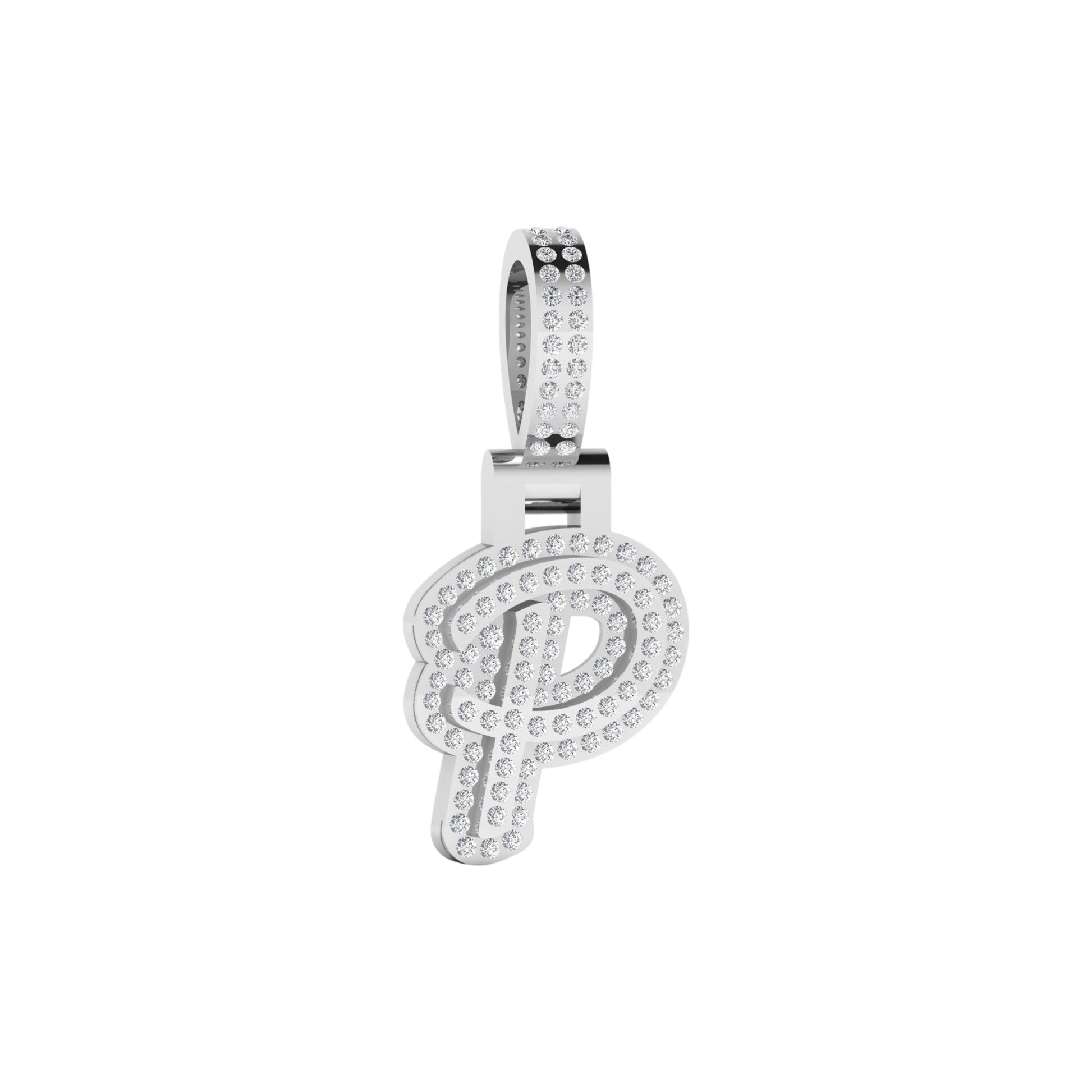 Silver pendant with letter 'P' design on a white background