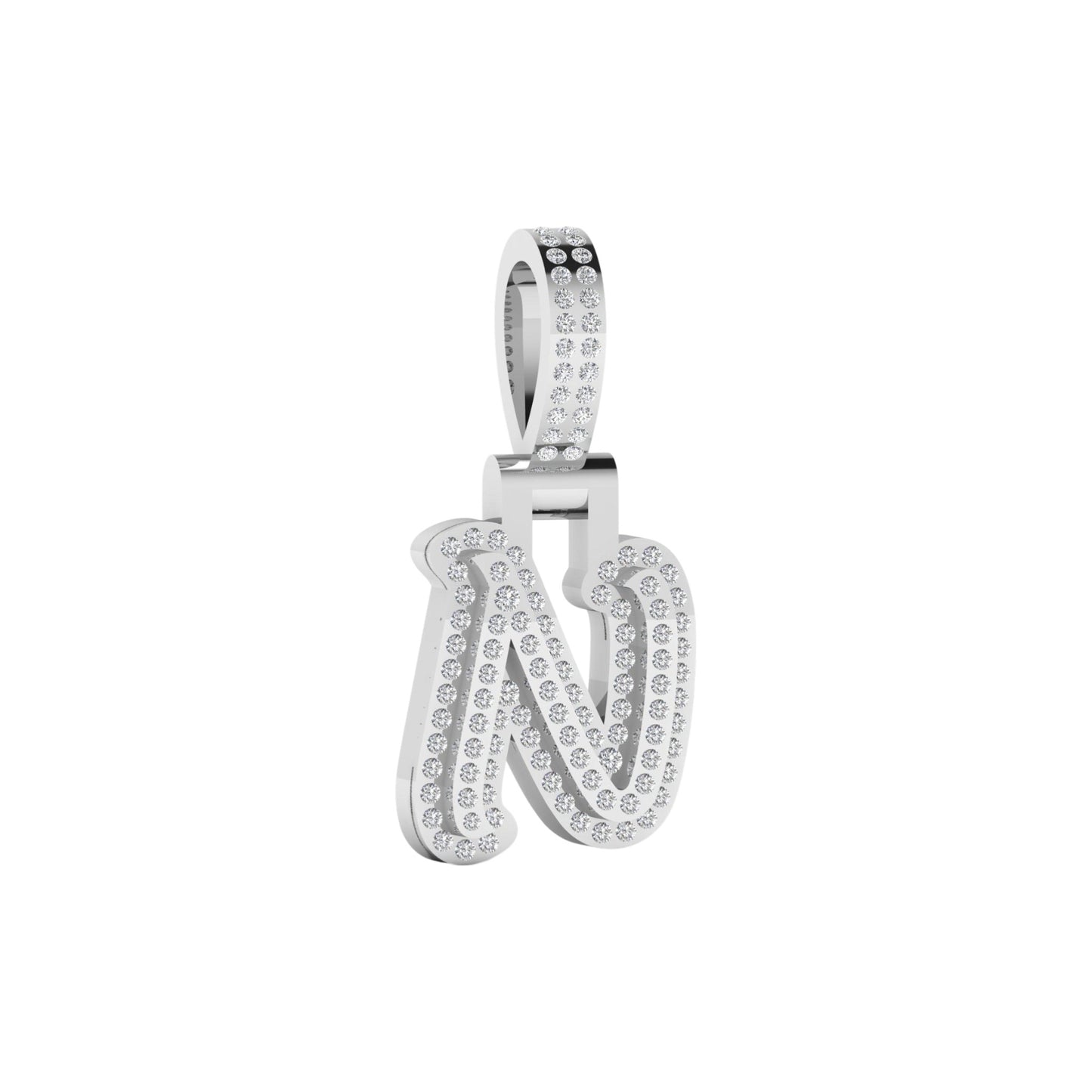 Silver pendant with 'N' and small stones on a white background