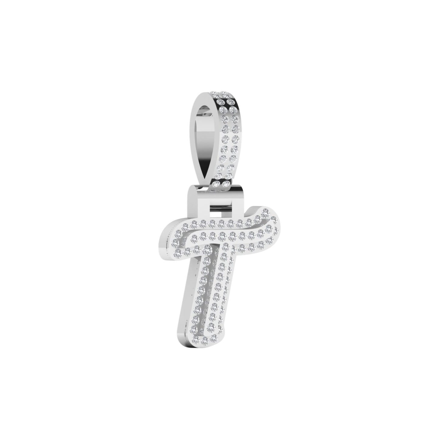 Silver cross pendant with clear stones on a white background