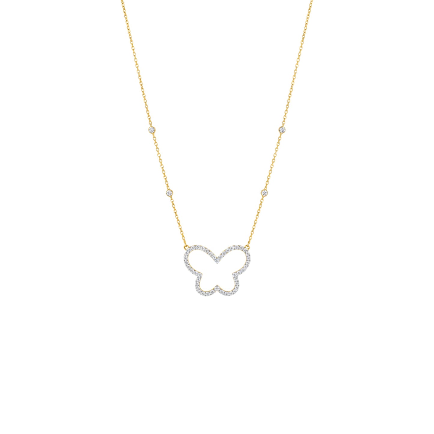 Butterfly-shaped pendant on a gold chain against a white background