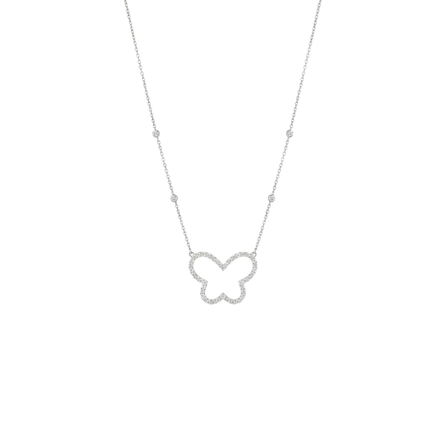 Butterfly-shaped pendant on a delicate chain against a white background