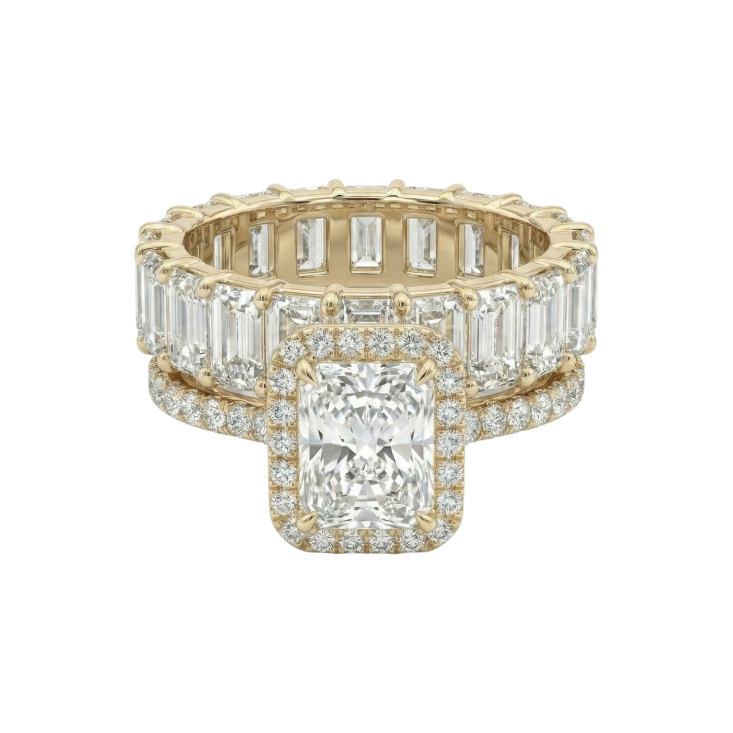 Gold ring with diamond accents on a white background