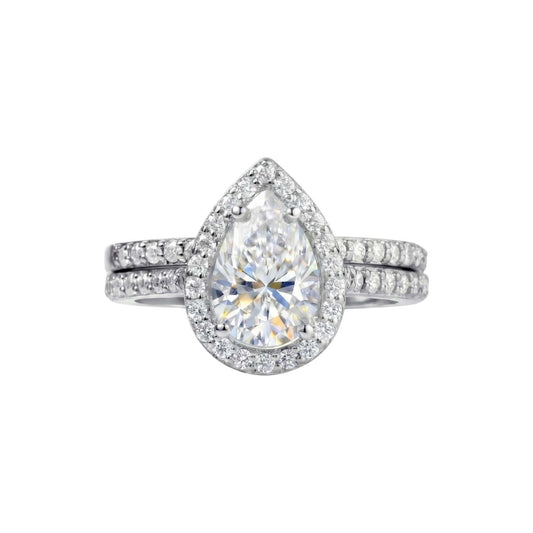 Classic Pear Cut CZ Bride Set sterling silver engagement ring with pear-shaped cubic zirconia centerpiece