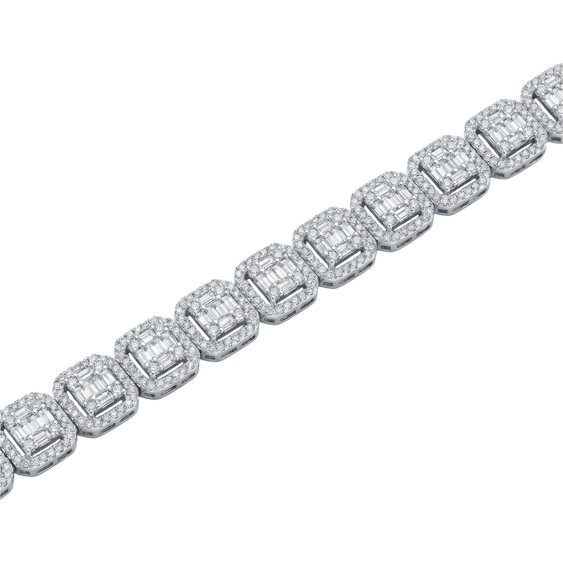 Diamond bracelet with rectangular-cut stones on a white background