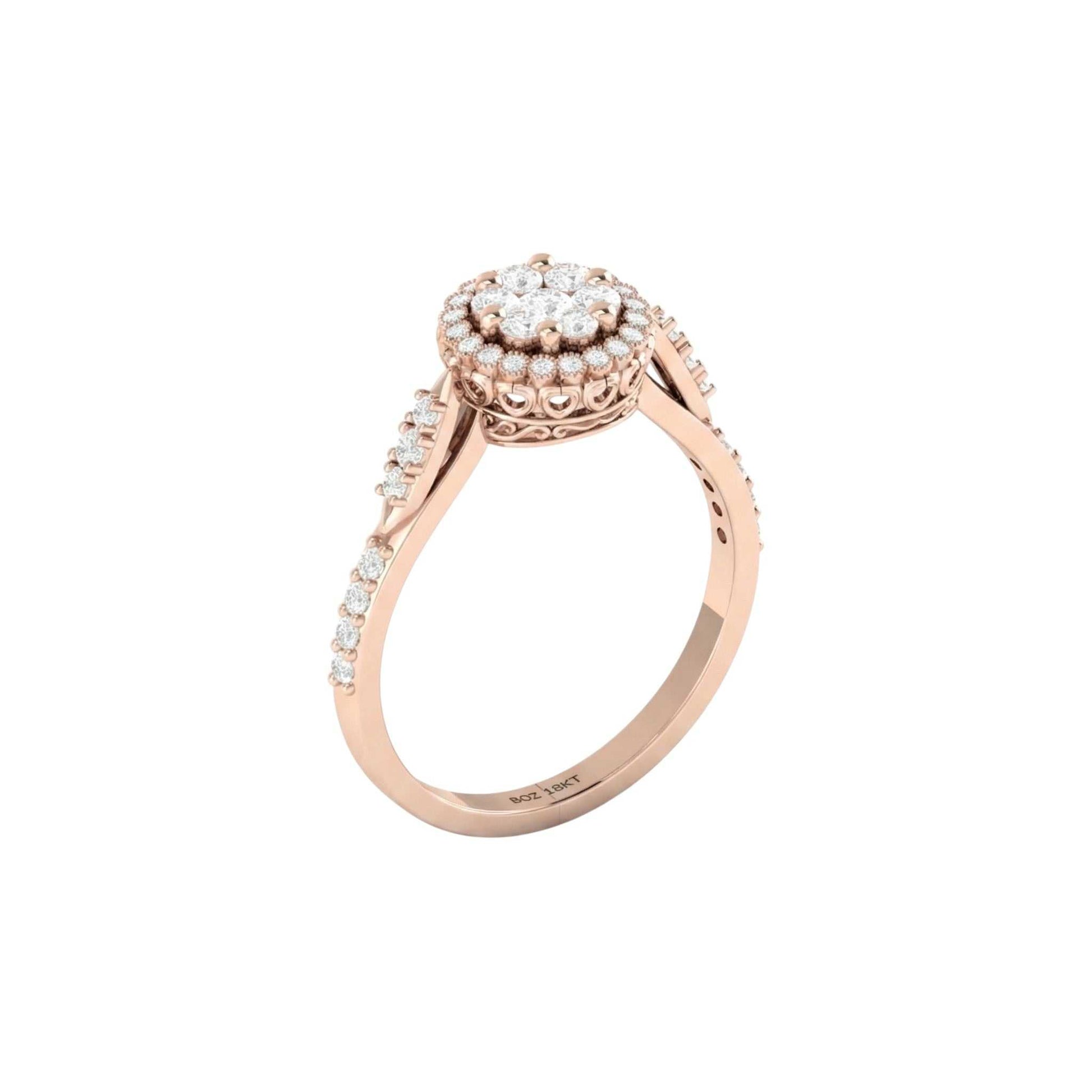 Rose gold ring with diamond accents on a white background