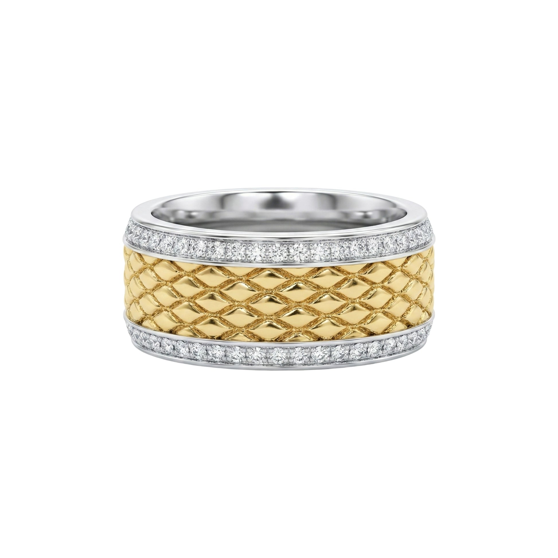 Two-tone gold and silver ring with diamond accents on a white background