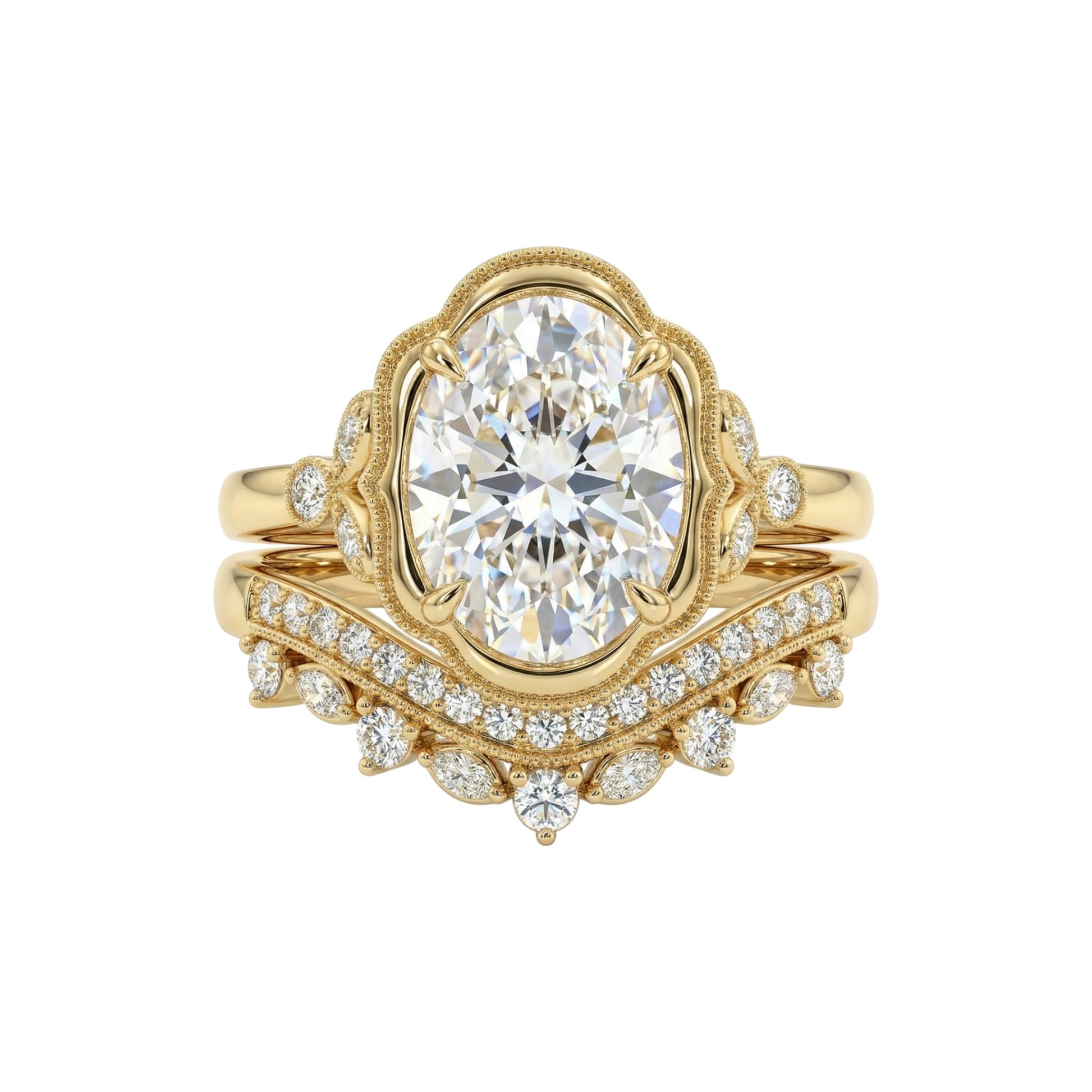 Gold ring with a large diamond and smaller diamonds on the band against a white background
