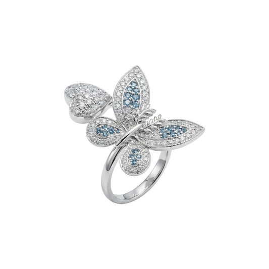 Butterfly-shaped ring with gemstones on a white background