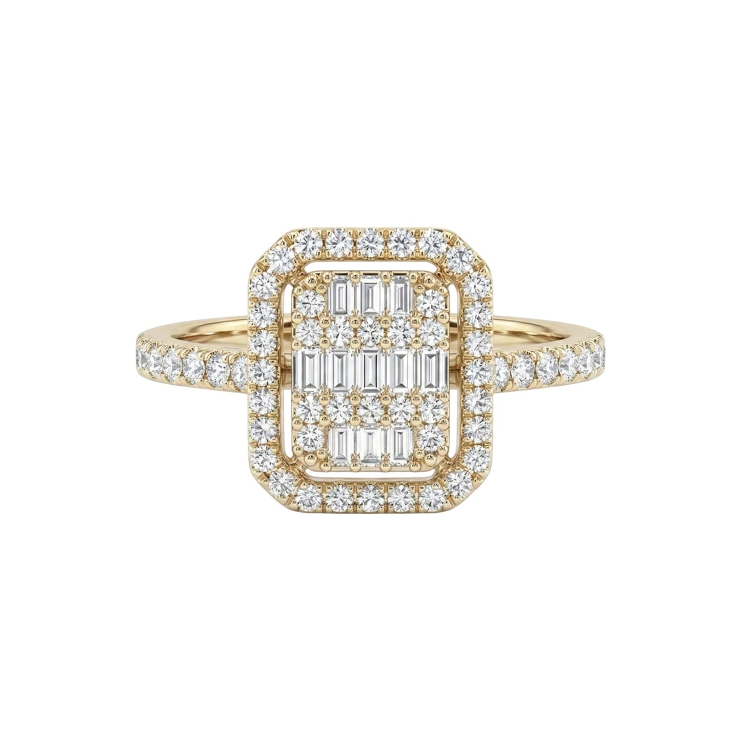 Gold ring with diamond accents on a white background