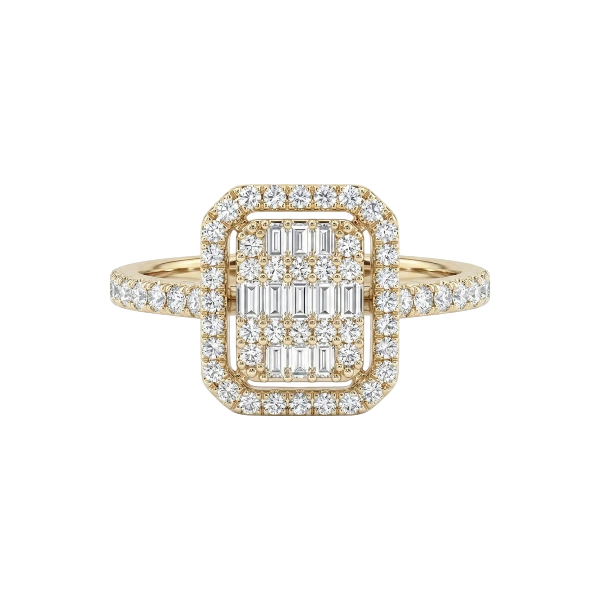 Gold ring with diamond accents on a white background