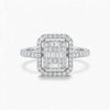 Diamond ring with a rectangular center and smaller diamonds on a white background