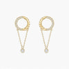 Gold earrings with circular designs and chain details on a white background