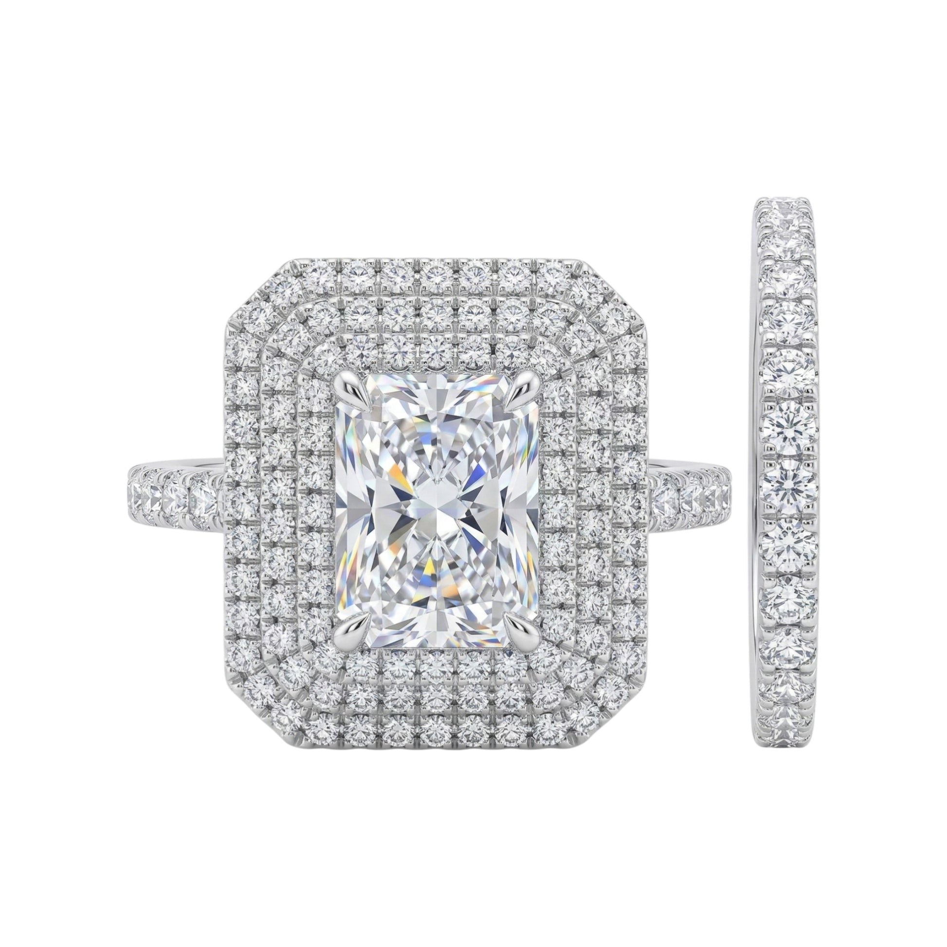 Diamond ring with a large central gemstone and smaller diamonds around on a white background