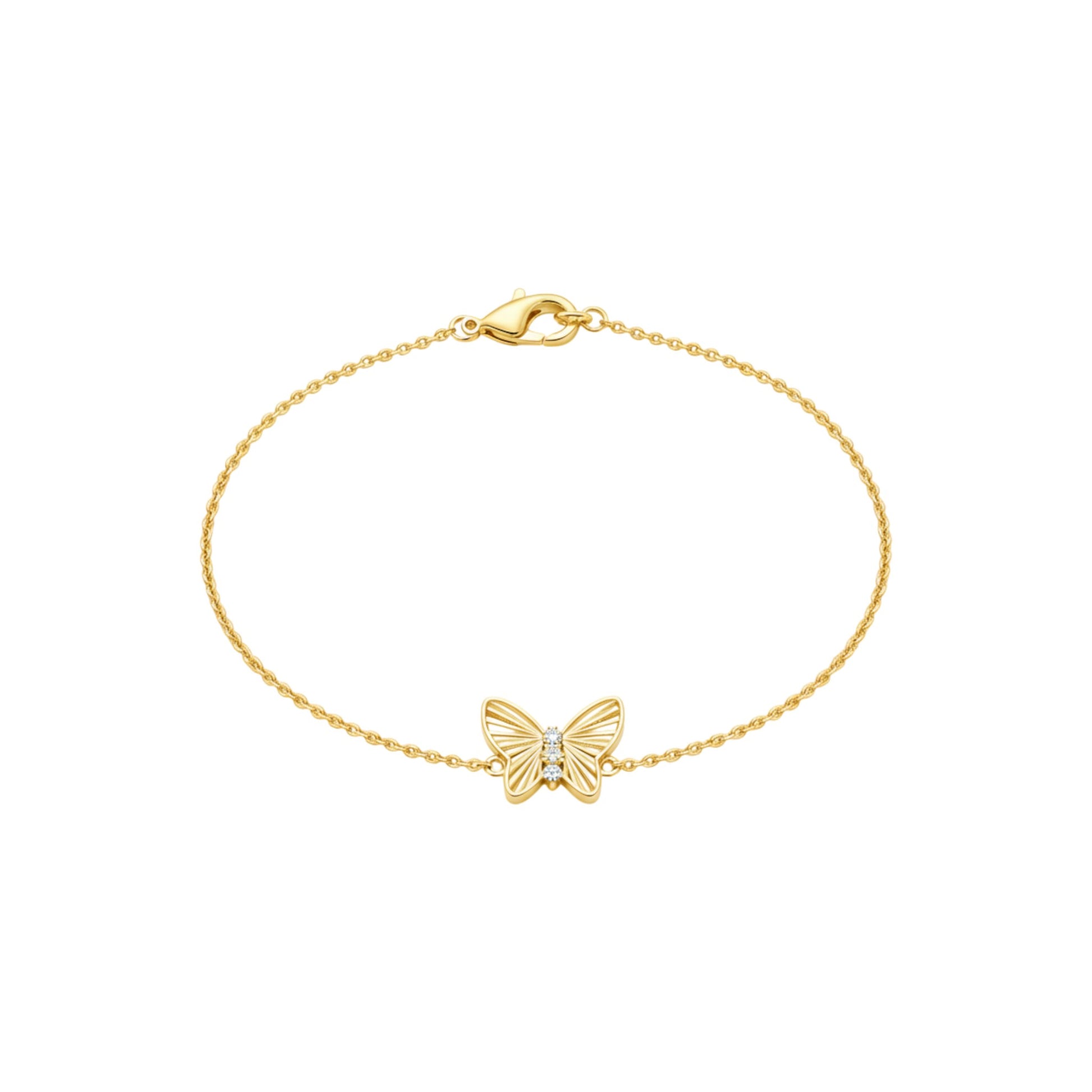Gold bracelet with a butterfly charm on a white background