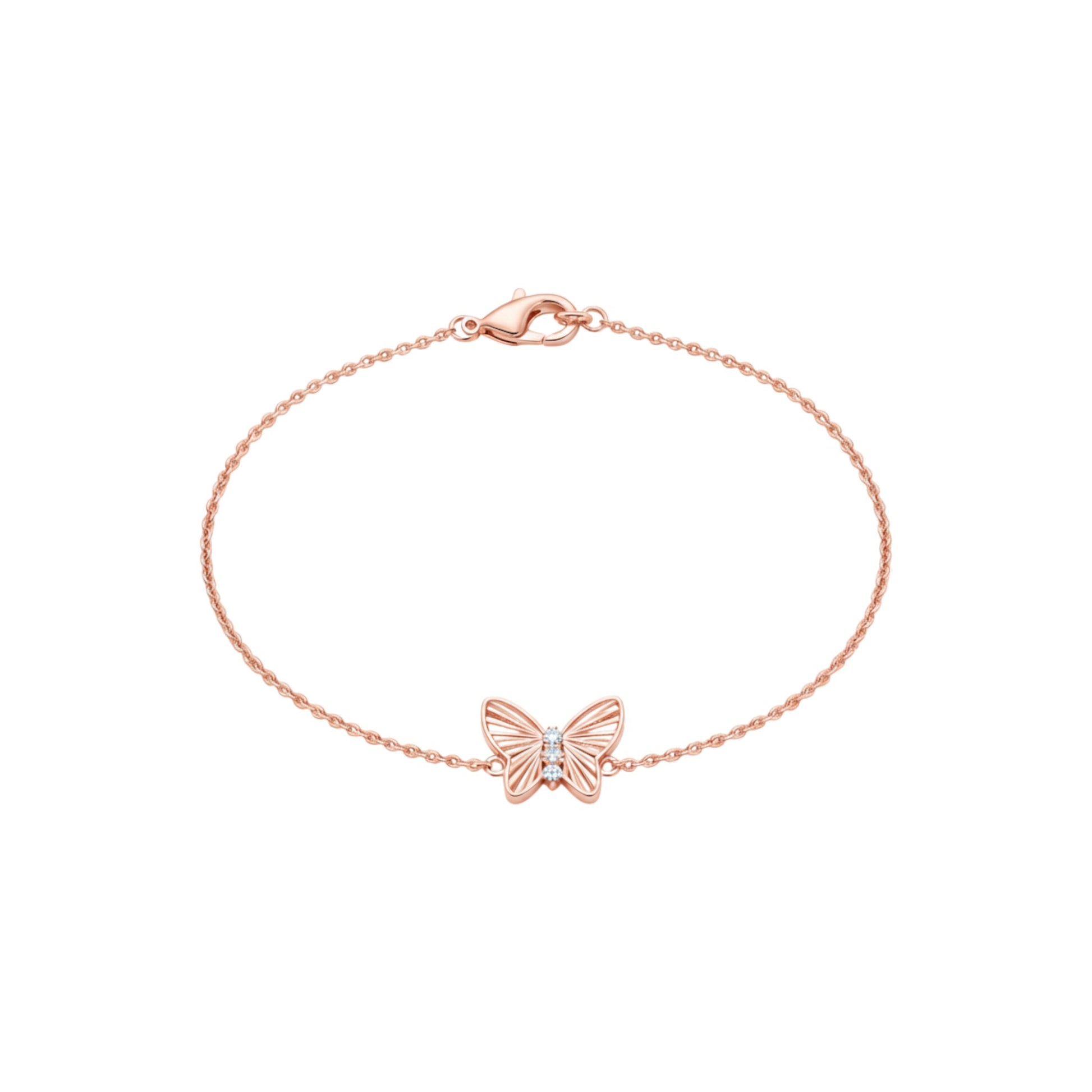 Rose gold butterfly bracelet on a white background
