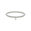 Silver beaded bracelet with a round tag on a white background