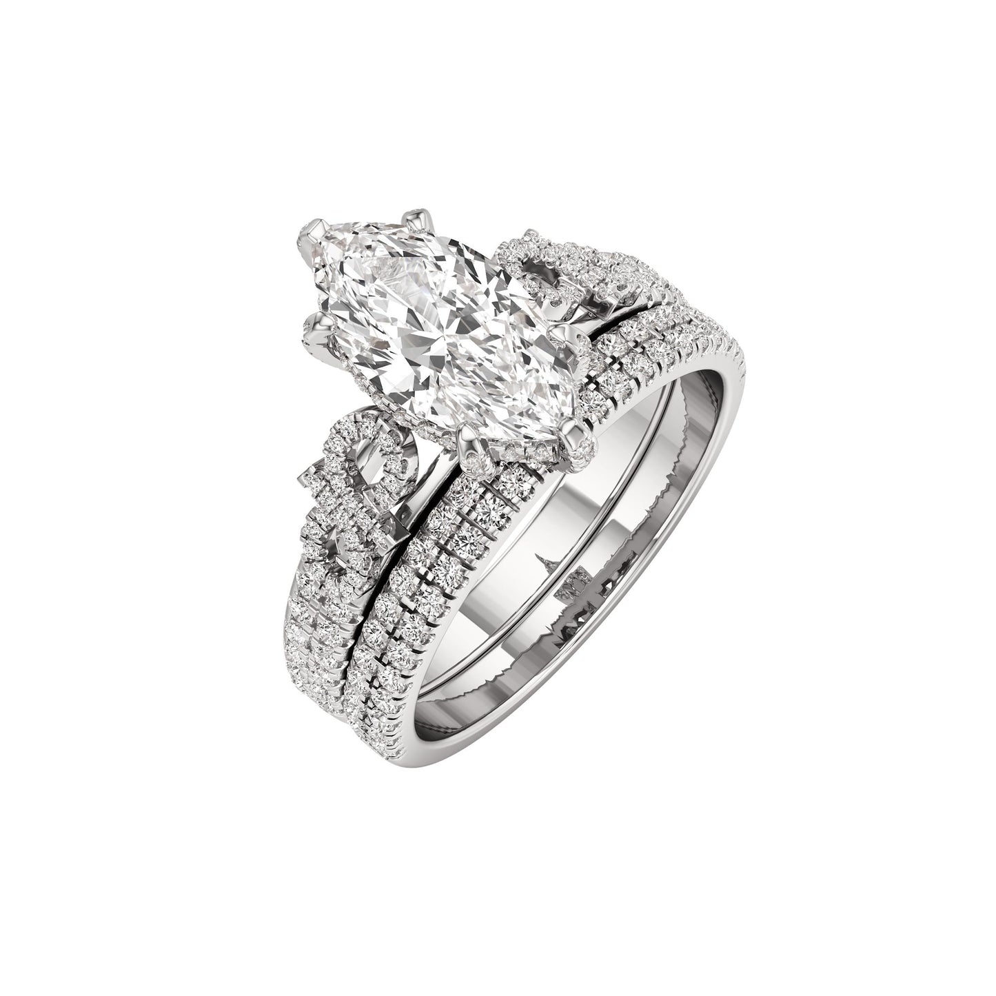 Diamond ring with a pear-shaped center stone on a white background