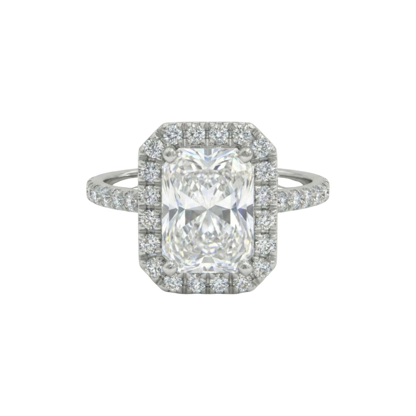 Diamond ring with a central gemstone and smaller diamonds on a white background