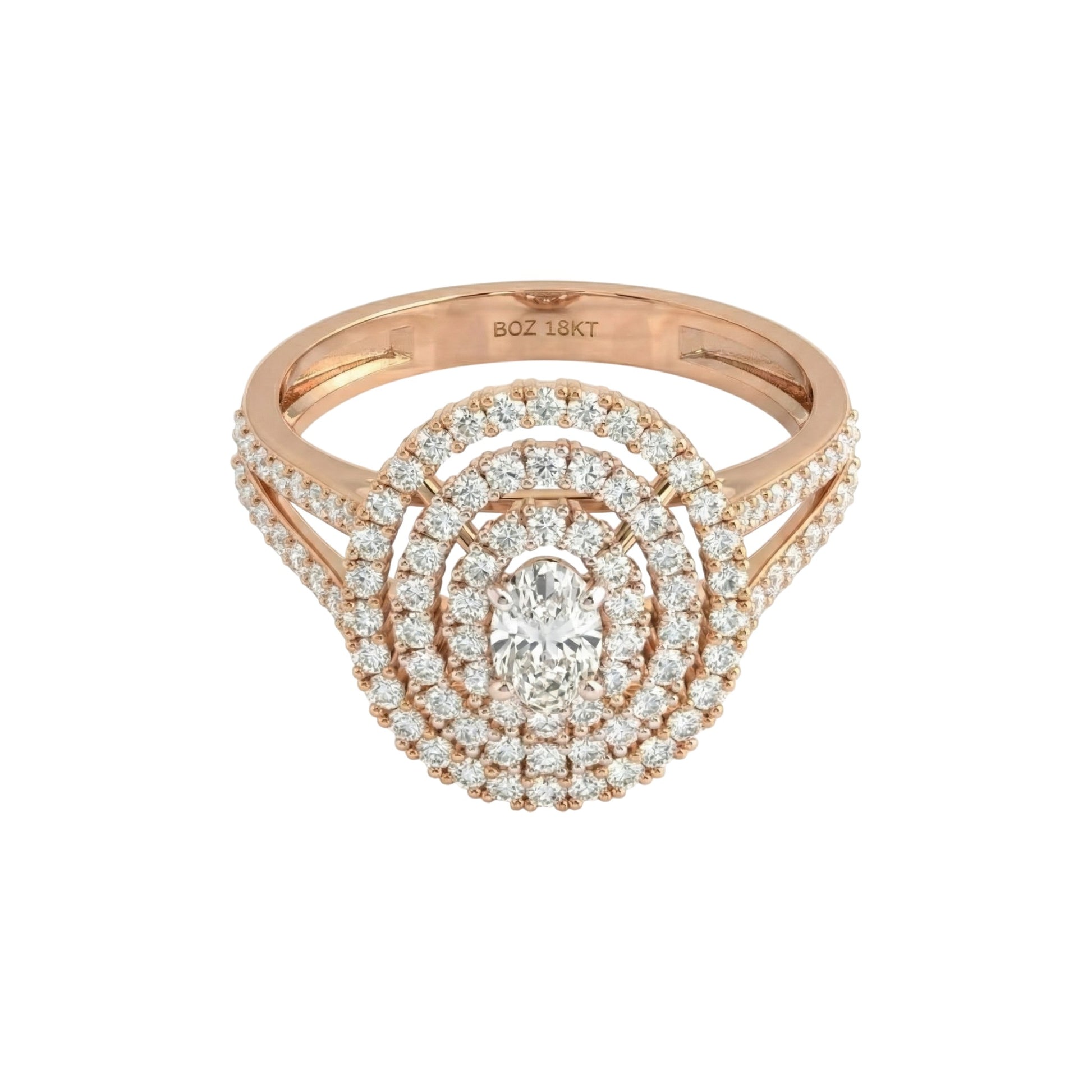 Rose gold ring with diamond accents on a white background