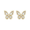 Butterfly-shaped earrings with gold and clear gemstone details on a white background