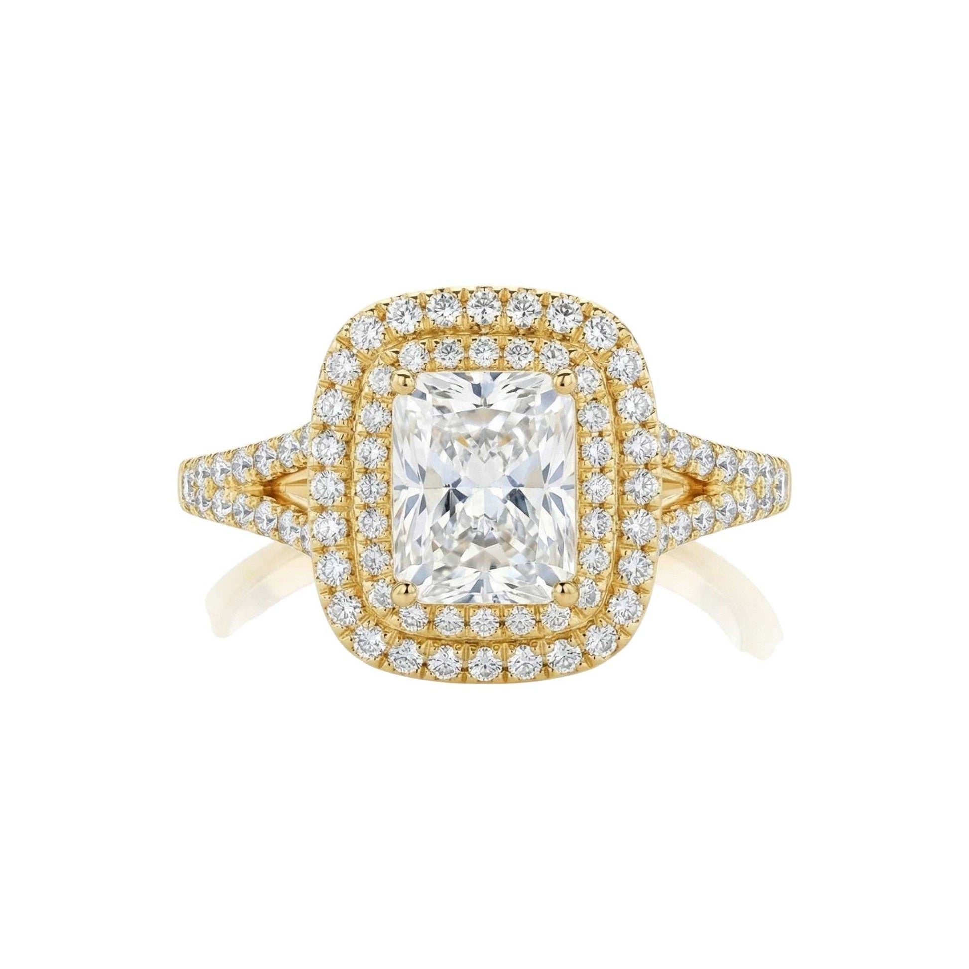Kylie Radiant Cut Moissanite engagement ring with double halo natural diamonds in 18KT gold