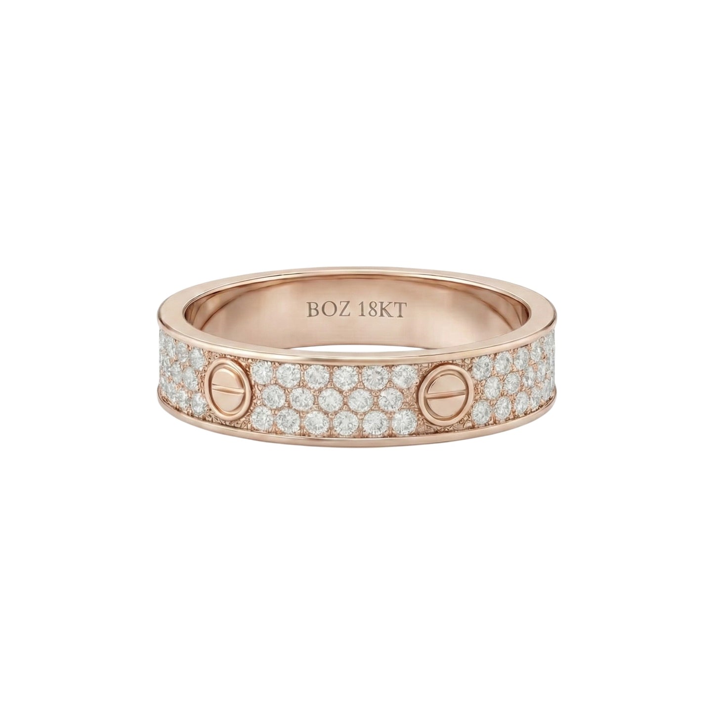 Rose gold ring with diamond accents on a white background