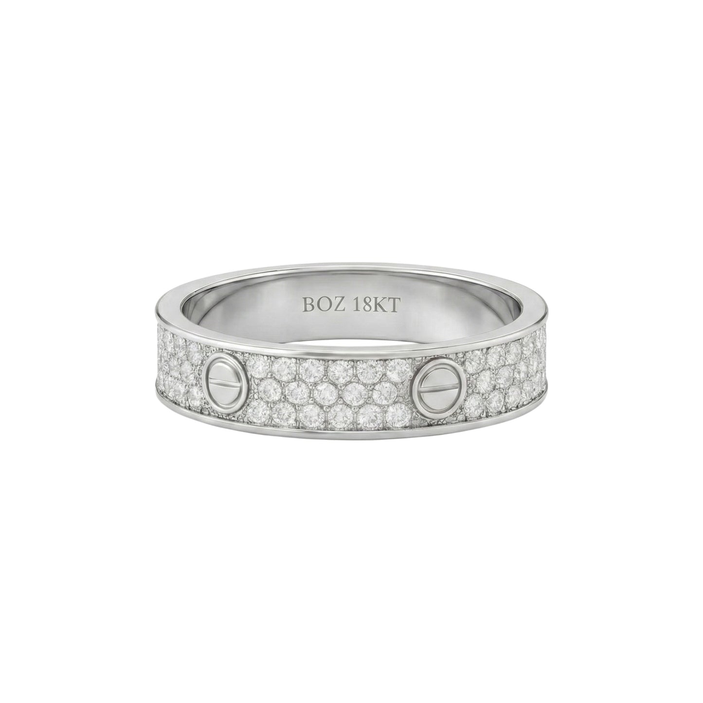 Silver ring with embedded diamonds on a white background