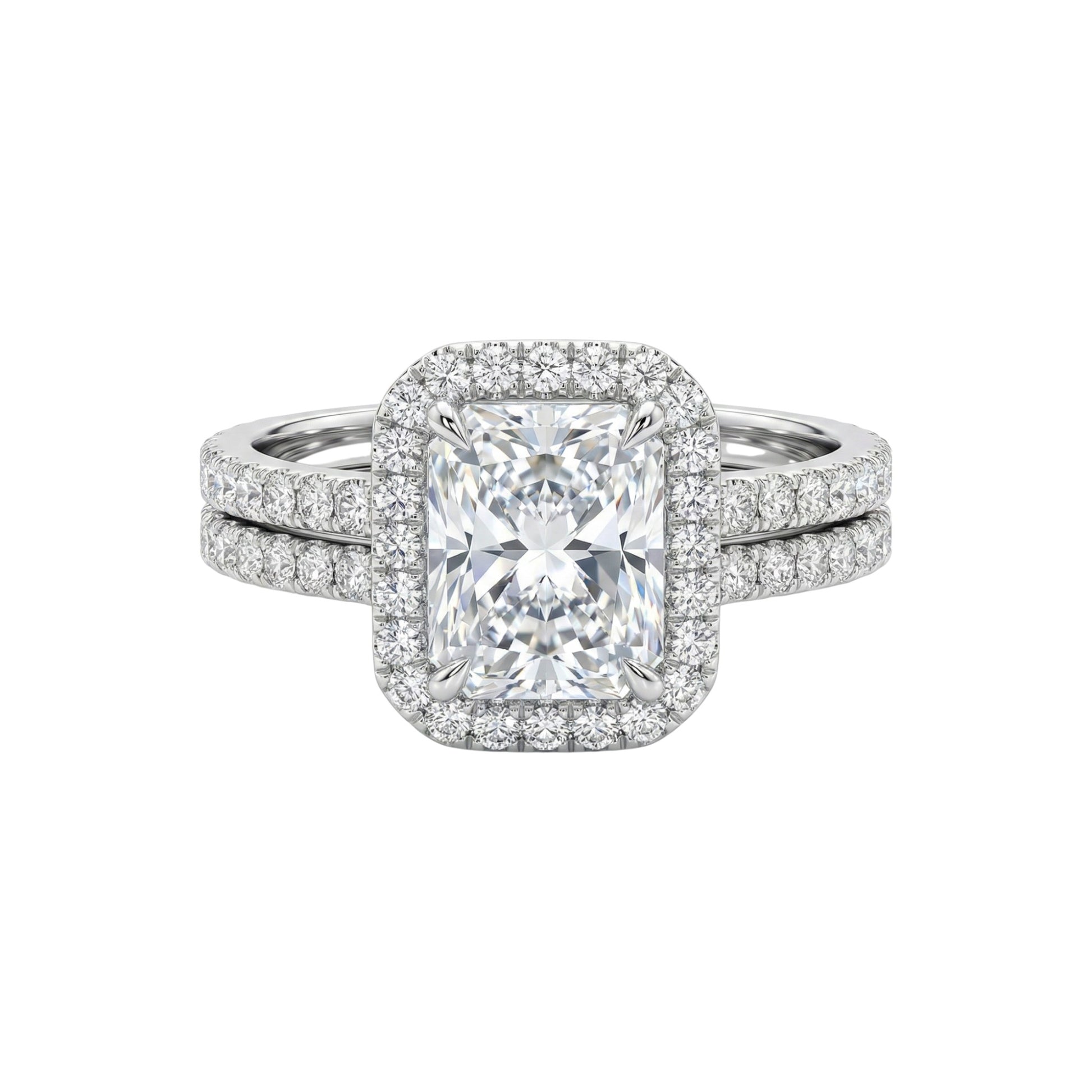 Diamond ring with a square-cut center stone on a white background