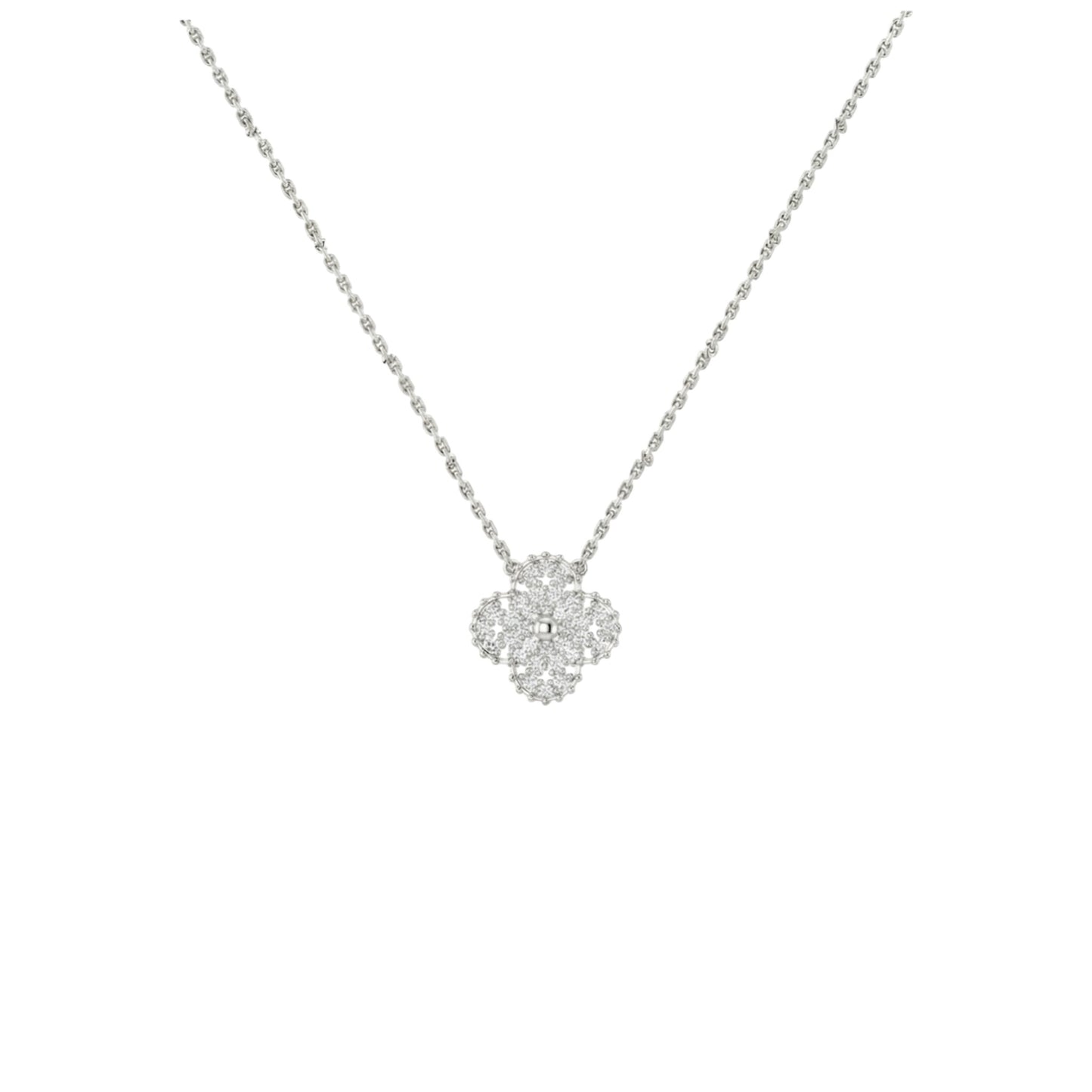 Silver necklace with a floral pendant on a white background