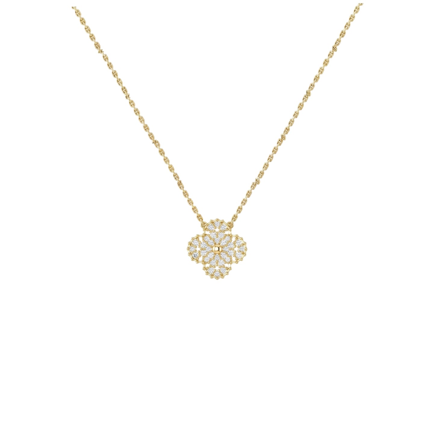 Gold necklace with a floral pendant on a white background