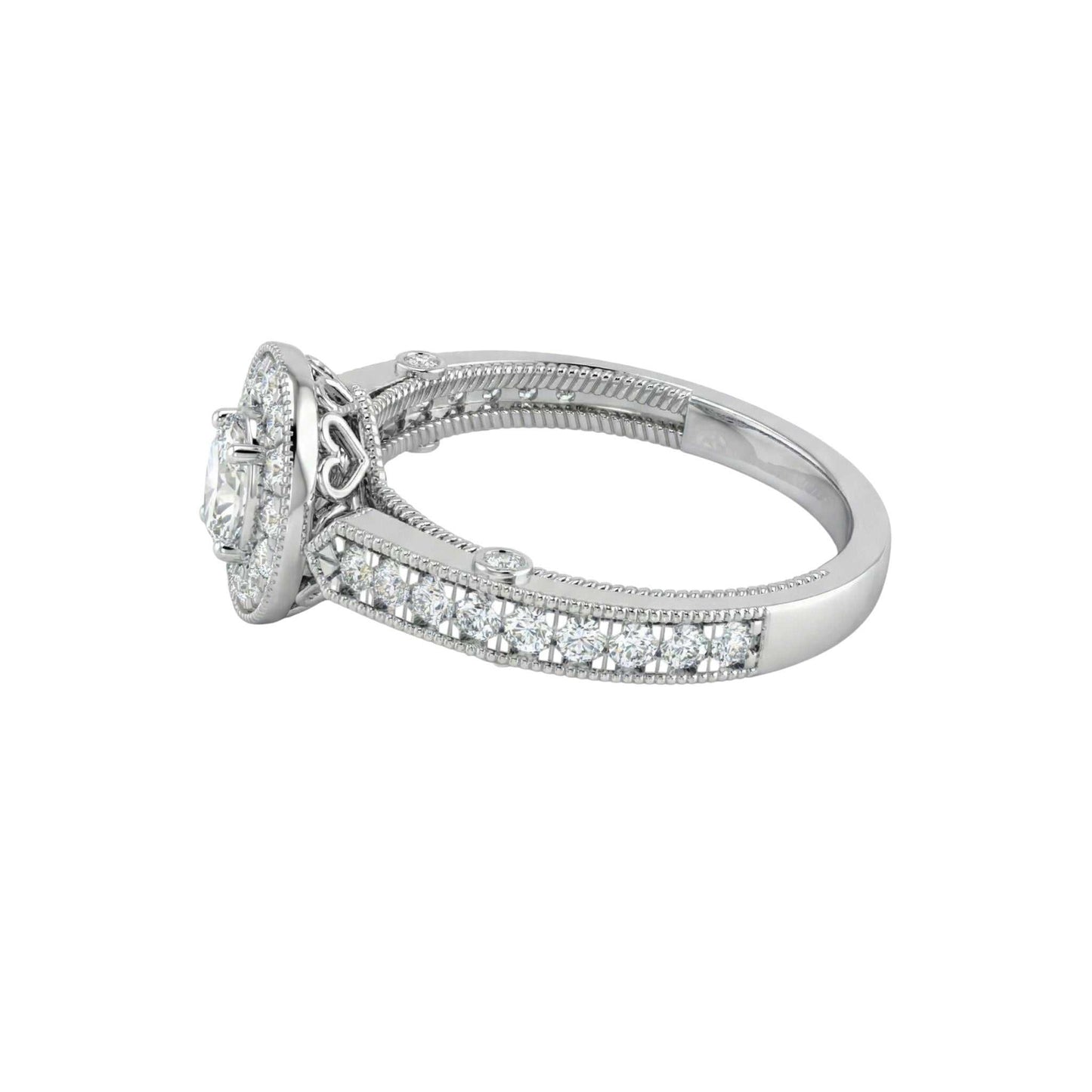 Silver ring with diamond accents on a white background