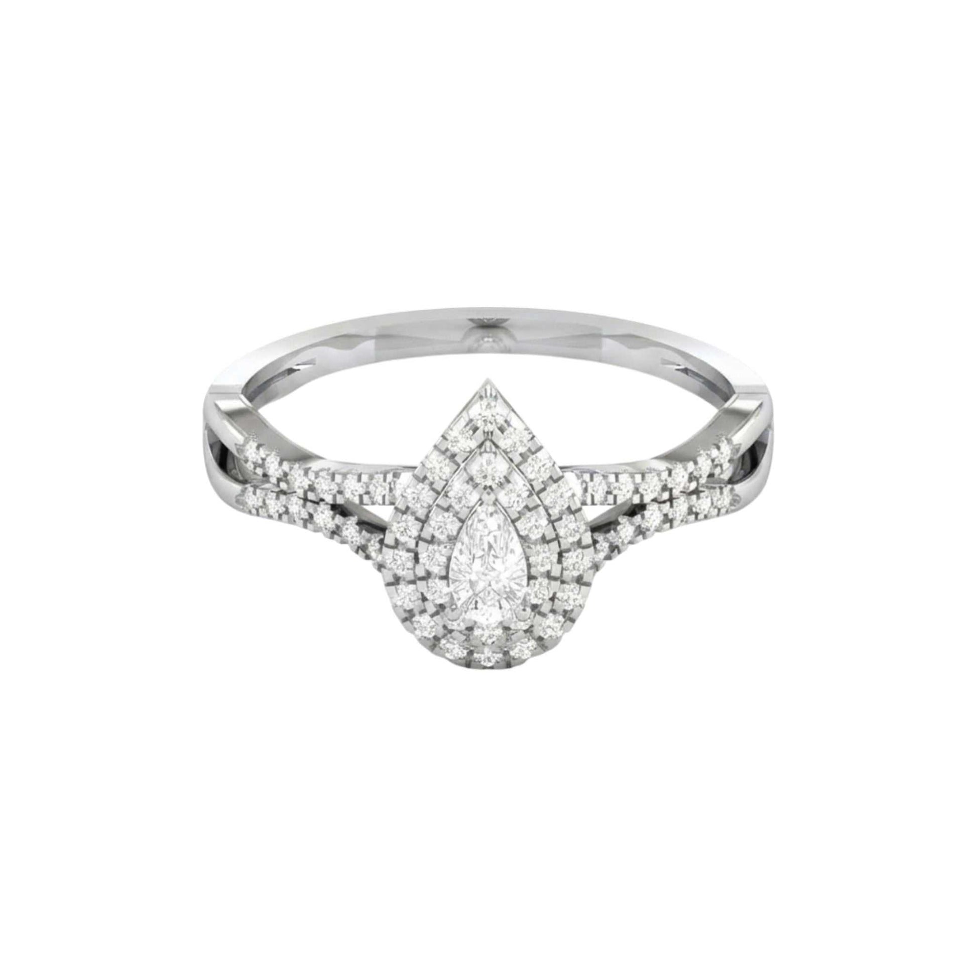 Silver ring with a teardrop-shaped diamond on a white background