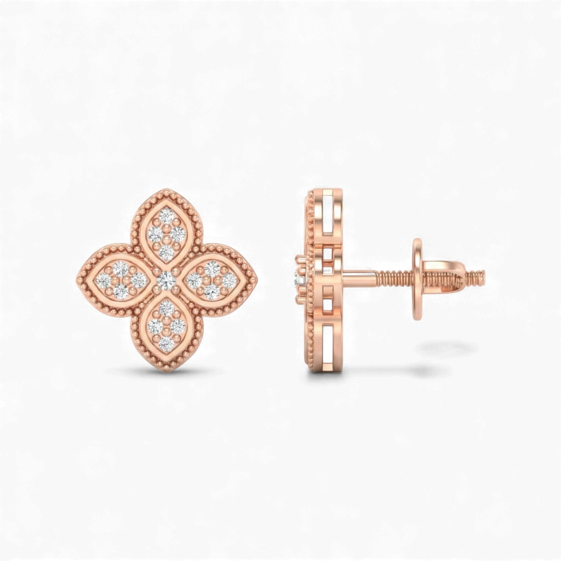 Rose gold clover-shaped earrings on a white background