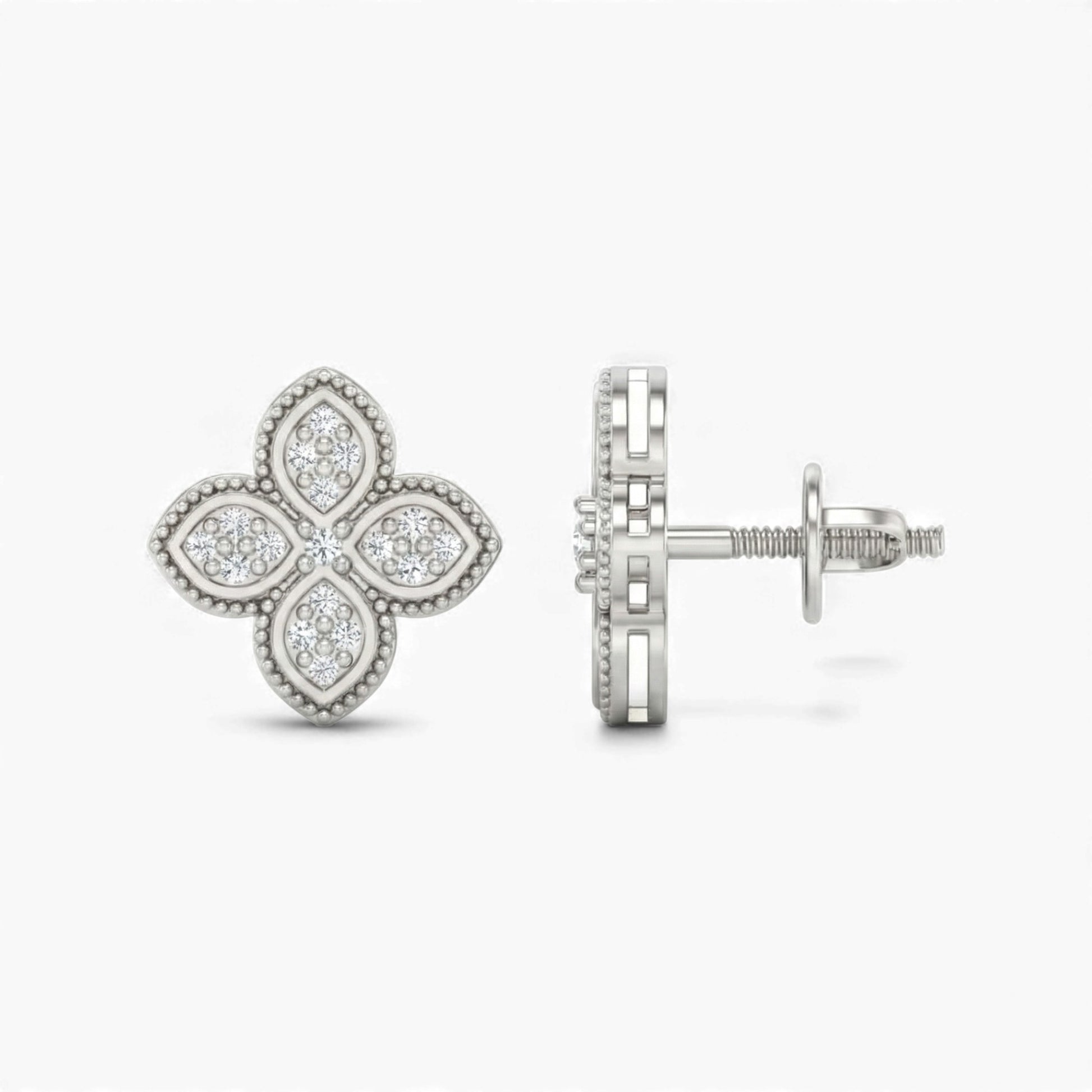 Silver clover-shaped earrings on a white background